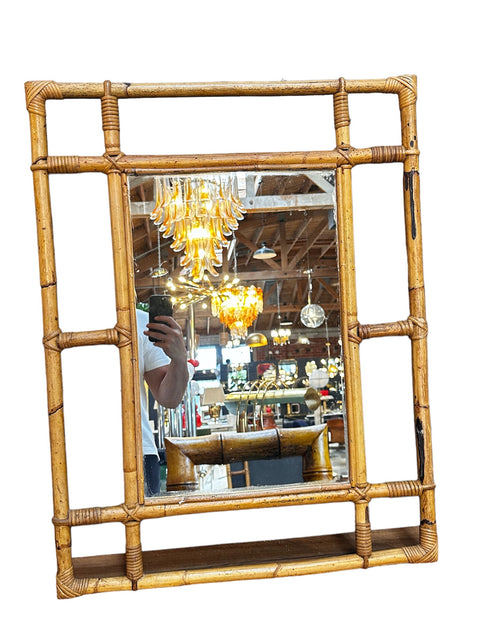 Vintage Italian Square Bamboo Wall Mirror 1980s