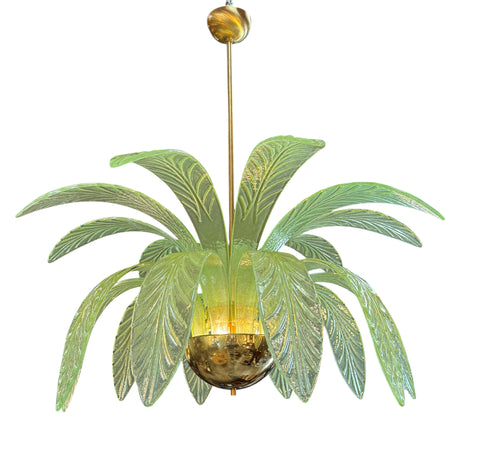 Murano Glass and Brass Chandelier in Green Glass Palm Leaves