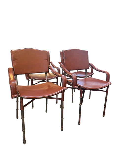 Jacques Adnet French Modernist Leather & Brass Chairs (Set of 4)