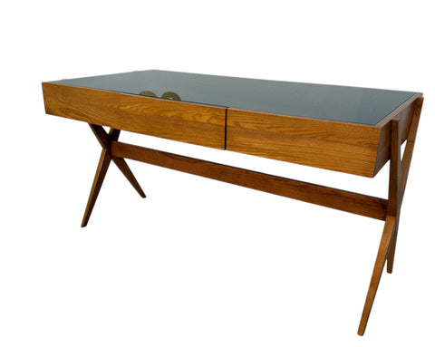 Italian desk with dark green glass top.