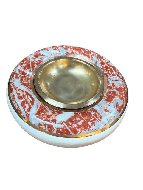 Tommaso Barbi Ceramic and Brass Centerpiece Bowl with Red Marbleized Glaze