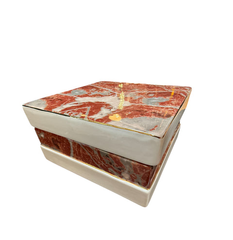 Tommaso Barbi Ceramic Lidded Box with Red Marbleized Glaze and Gold Detailing