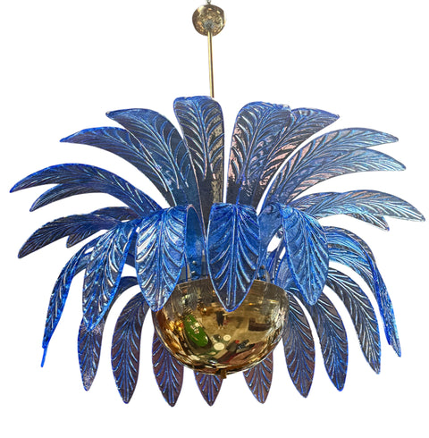 Italian Murano Blue Leaf Palm Chandelier with Brass Globe Base, 1970s