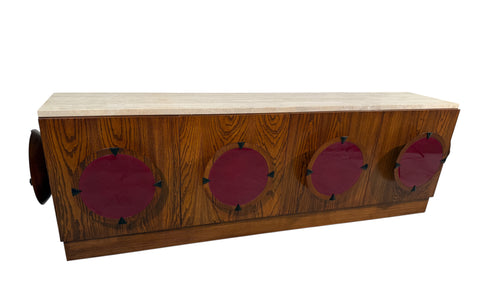 Italian Mid-Century Modern Sideboard with Travertine Top & Circular Red Accents, 1970s
