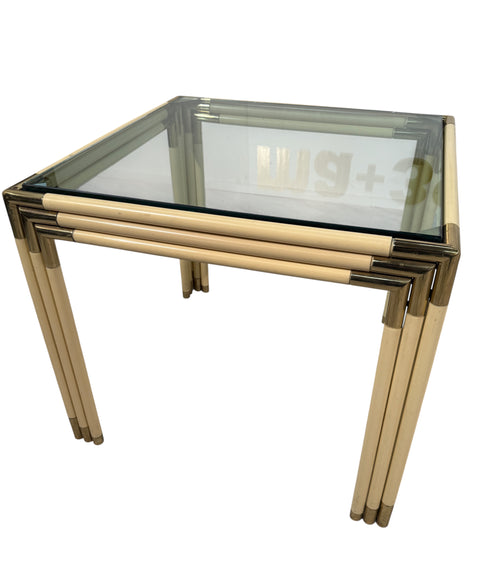 Square Side Table with Brass, Lacquered Bamboo-Style Frame & Glass Top, 1970s