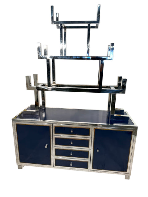 Italian Chrome and Lacquered Credenza with Geometric Bookshelf, 1970s