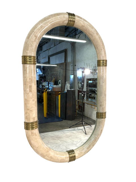 Italian Oval Mirror in Tessellated Stone with Brass Accents, 1980s