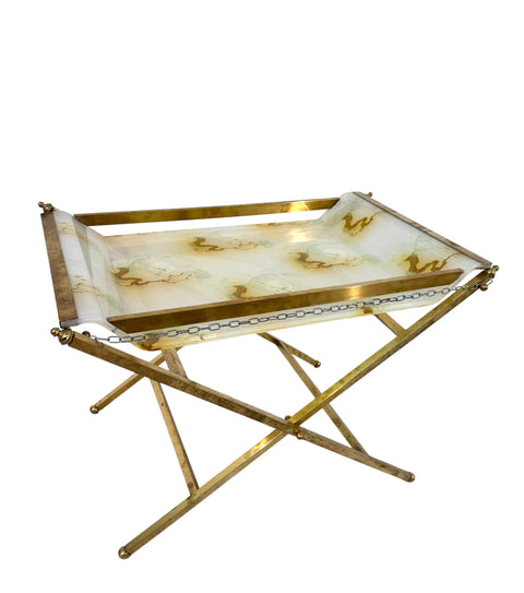 Folding Tray Table in Brass with Painted Glass Top, 1970s Italy