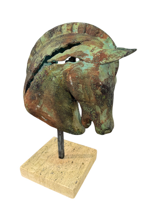 Bronze Horse Head Sculpture on Travertine Base