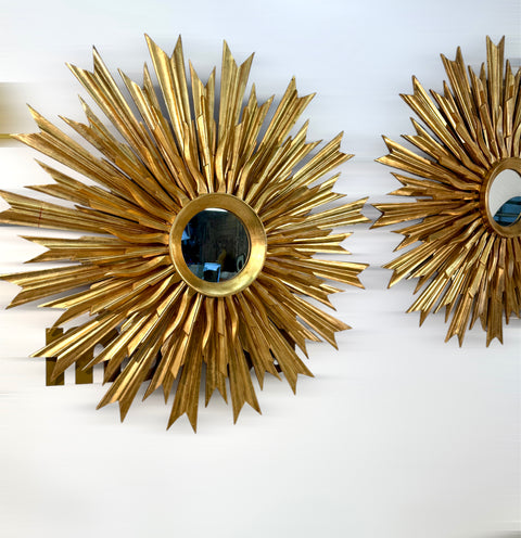 Set of 2, 1970s Vintage Italian Sunburst Gilded Wall Mirror