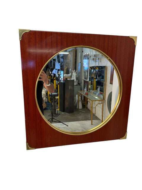 Mid-Century Modern Square Wall Mirror with Brass Accents