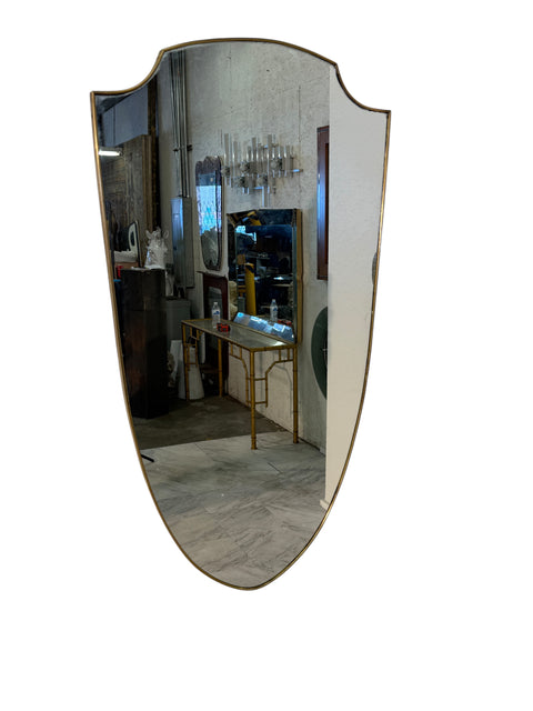 Mid-Century Brass Framed Shield-Form Wall Mirror