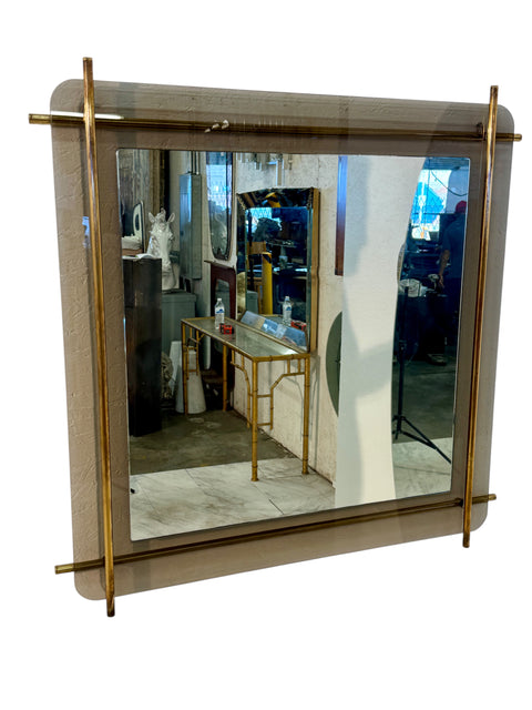 Mid-Century Modern Brass & Smoked Glass Wall Mirror 1970s