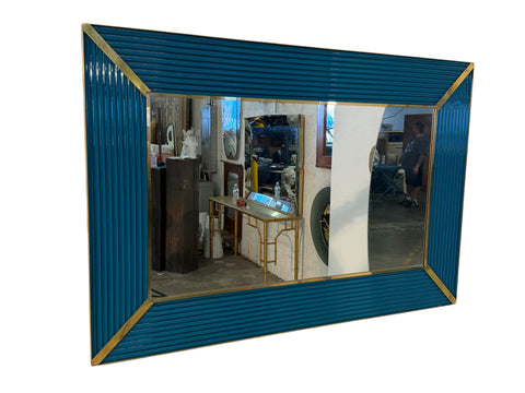 Mid-Century Italian Mirror with Teal Ribbed Frame and Brass Accents 1970s