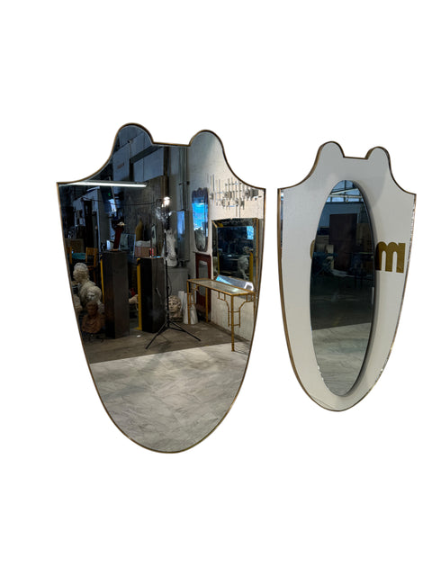 Pair of Italian  Brass Framed Shield Form Wall Mirrors, 1950s
