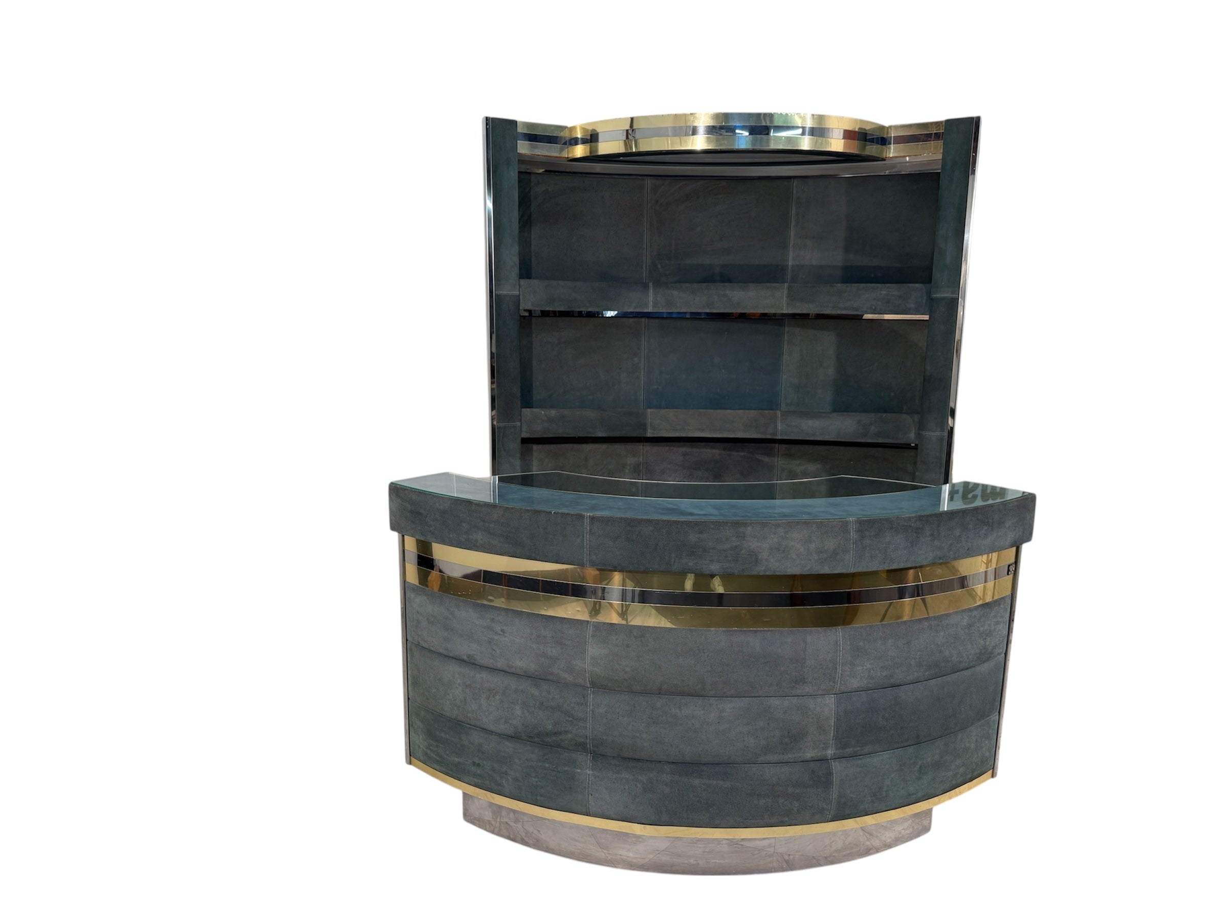Mid-Century Modern Willy Rizzo Attributed Bar Cabinet in Blue Suede, Brass & Chrome