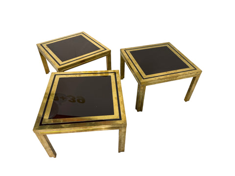 Set of Three Romeo Rega Brass and Smoked Glass Coffee Tables, Italy, 1970s