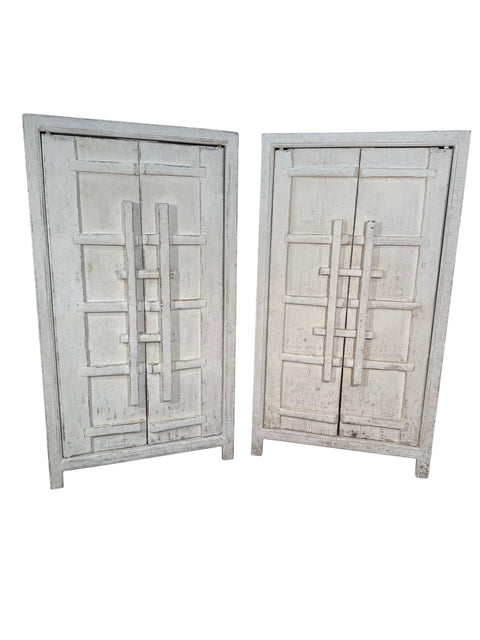Set Of Rustic Whitewashed Wooden Armoire with Geometric Relief Doors