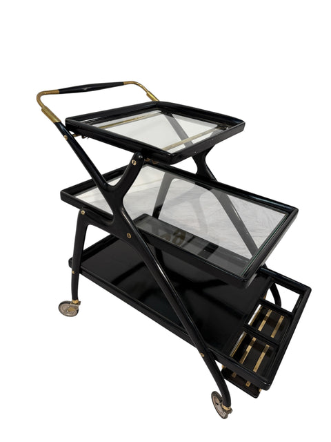 Mid-Century Italian Black Lacquer & Brass Bar Cart with Glass Trays