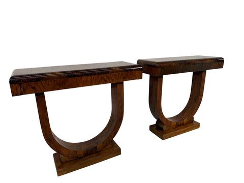 Set of 2 Art Deco Style Console Tables in Bookmatched Burl Wood