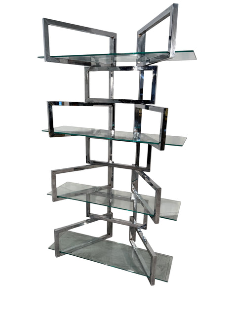 1970s Chrome & Glass Geometric Étagère Bookshelf