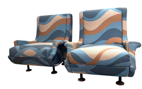 Pair of “Regent” Armchairs by Marco Zanuso, Reupholstered in Geometric Wave Fabric