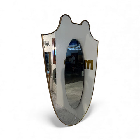 Italian Mid-Century Brass Framed Shield Form Wall Mirror, 1950s