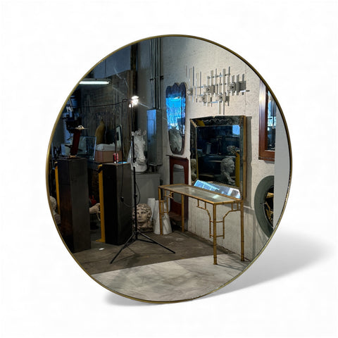 Italian Mid-Century Round Brass Framed Wall Mirror, 1950s