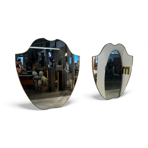 Pair of Italian Brass Framed Shield Form Wall Mirrors, 1950s