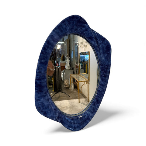 Italian Mid-Century Organic Mirror with Blue Ceramic Frame, 1970s
