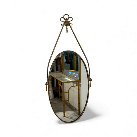 Italian Neoclassical Oval Mirror with Brass Ribbon and Tassel Detailing, 1950s