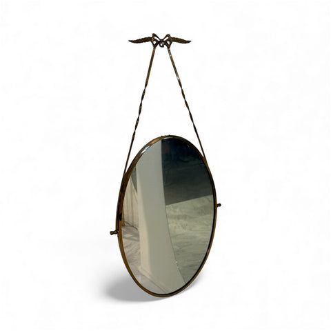 Italian Neoclassical Oval Mirror with Brass Bow and Ribbon Detail, 1950s