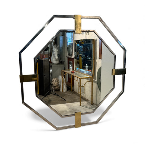 Octagonal Wall Mirror with Chrome and Brass , Italy 1970s