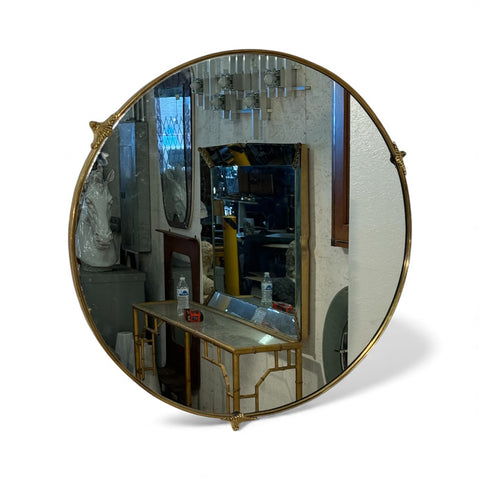 Round Brass-Framed Wall Mirror with Decorative Mounts, Italy 1960s