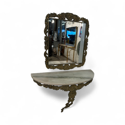 Italian Rococo Revival Mirror and Console Set with Marble Top, 1950s