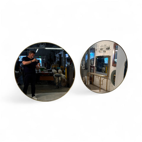 Pair of Italian Large  Round Brass Framed Wall Mirrors, 1950s