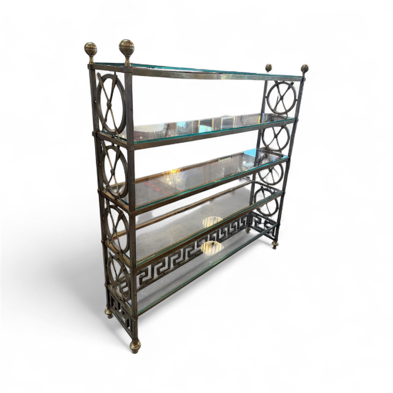 Vintage Neoclassical Brass and Glass Étagère with Greek Key Detail