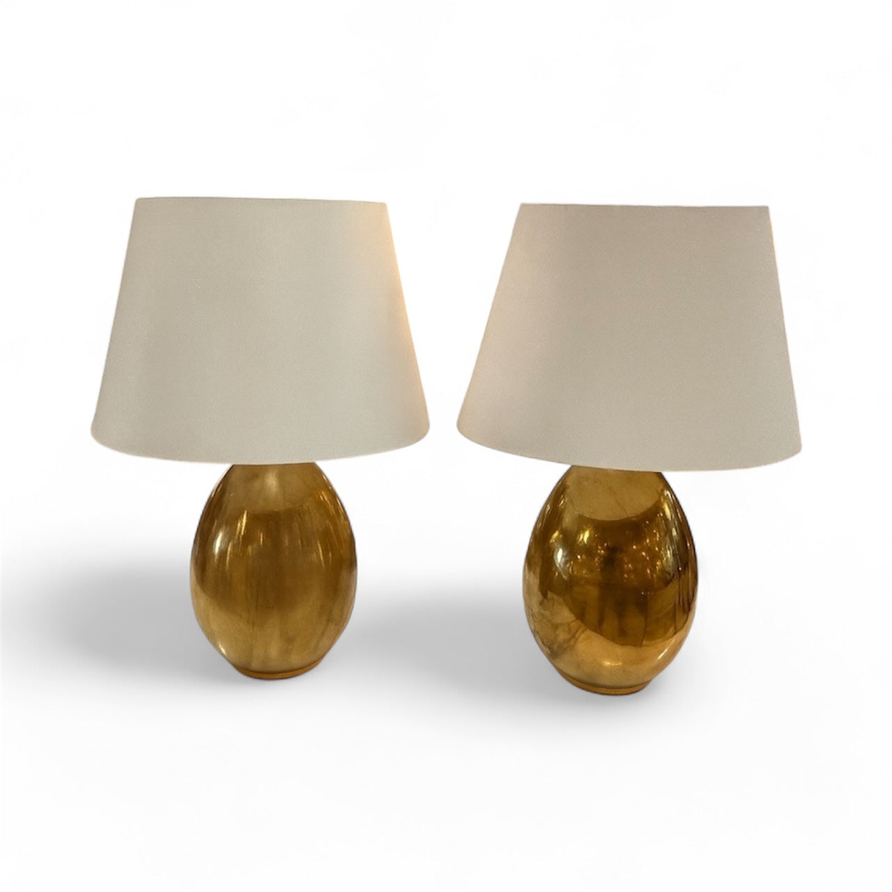 Pair of Brass Table Lamps with Cream Fabric Shades
