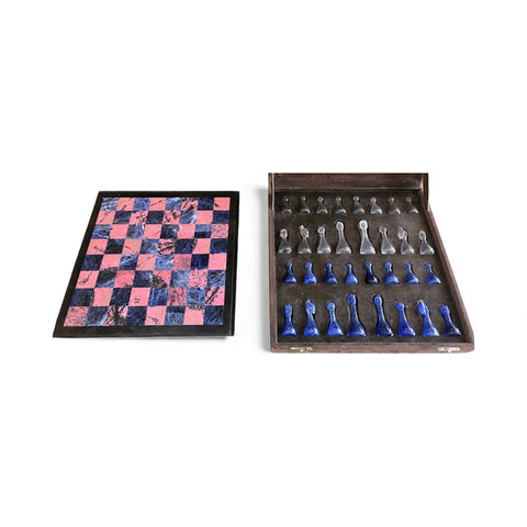 Blu Marble and Art Glass Chess Game Set, Italy ca. 1970s
