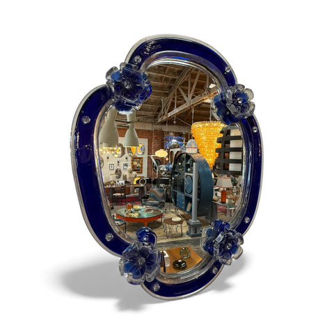 Murano Glass Mirror with Cobalt Blue Border and Floral Accents, Italy, 1960s