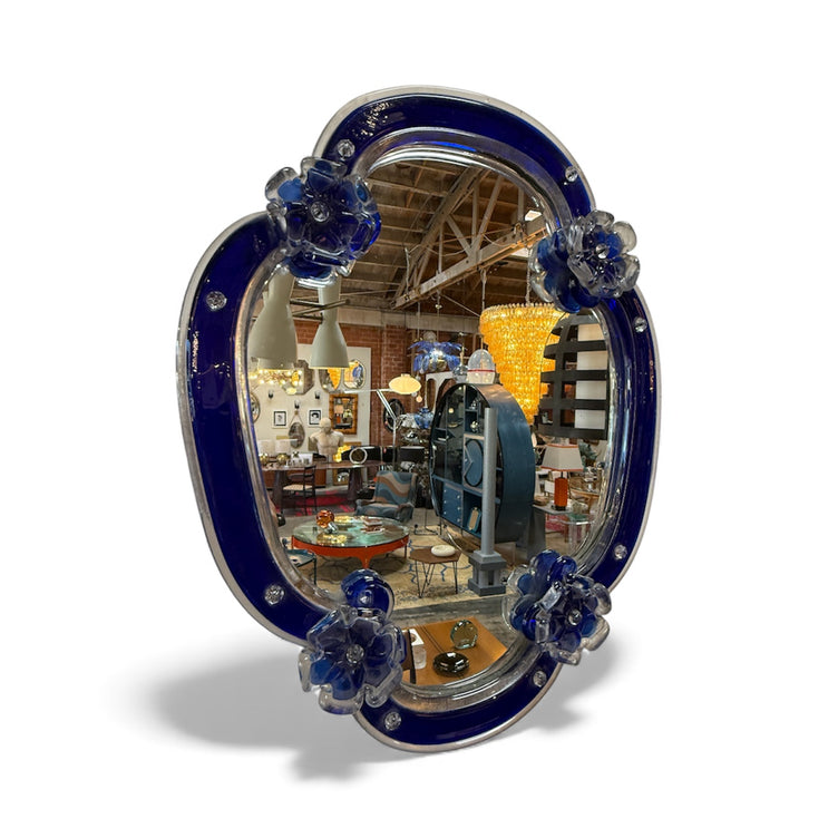 Murano Glass Mirror with Cobalt Blue Border and Floral Accents, Italy, 1960s