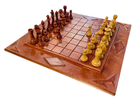 Leather Chess Set with Carved Wooden Pieces, Italy, 1960s–1970s
