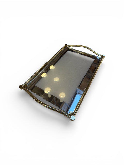Italian Brass and Glass Rectangular Tray with Curved Handles, 1970s
