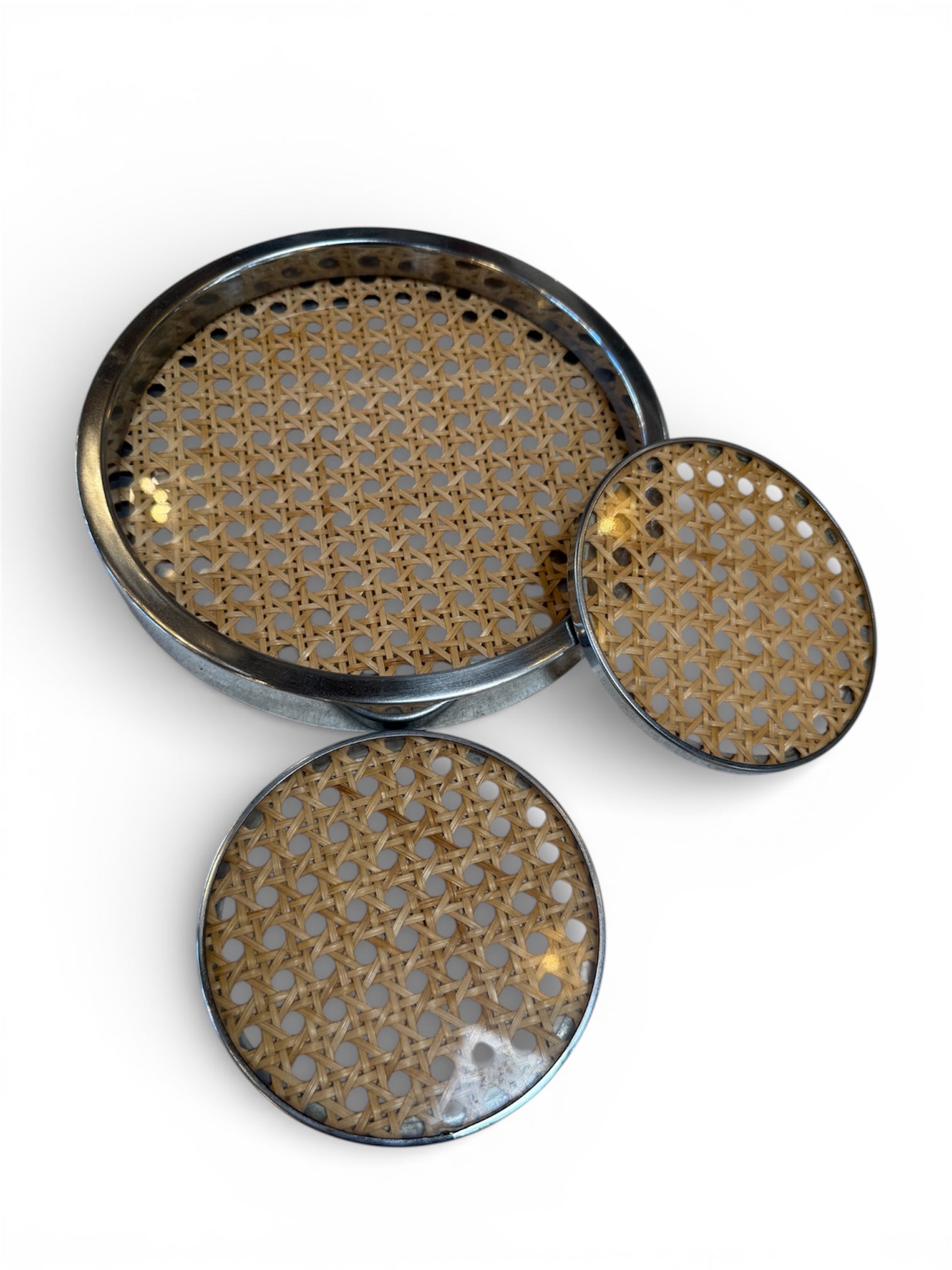 Vintage Chrome and Cane Tray with Matching Coasters, 1970s