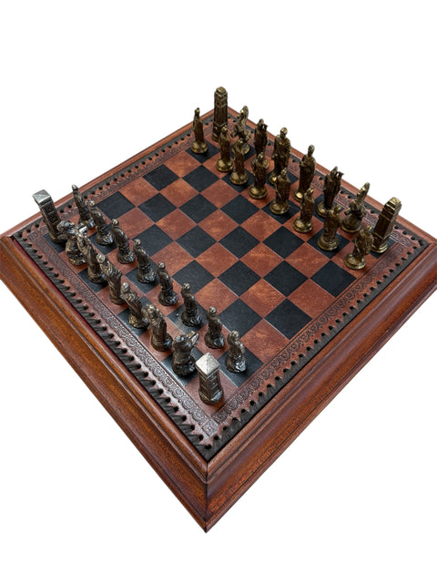 Italian Chess Set in Cast Metal on Carved Wooden Board, 1970s