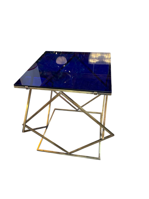 1970s Italian Geometric Brass Side Table with Blue Glass Top