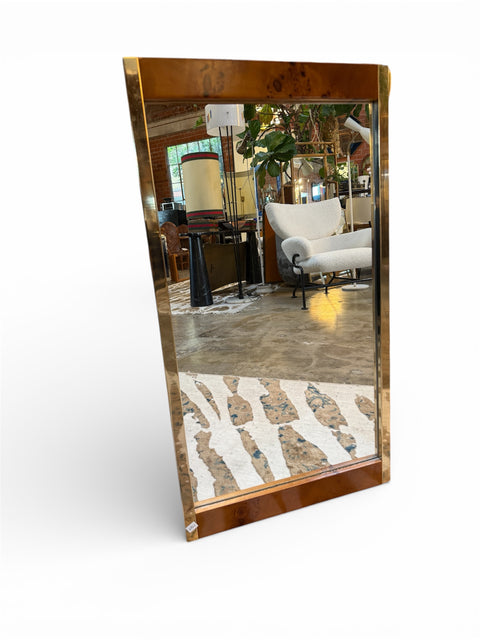 Italian Mid-Century Brass and Wood Inlay Wall Mirror, 1970s