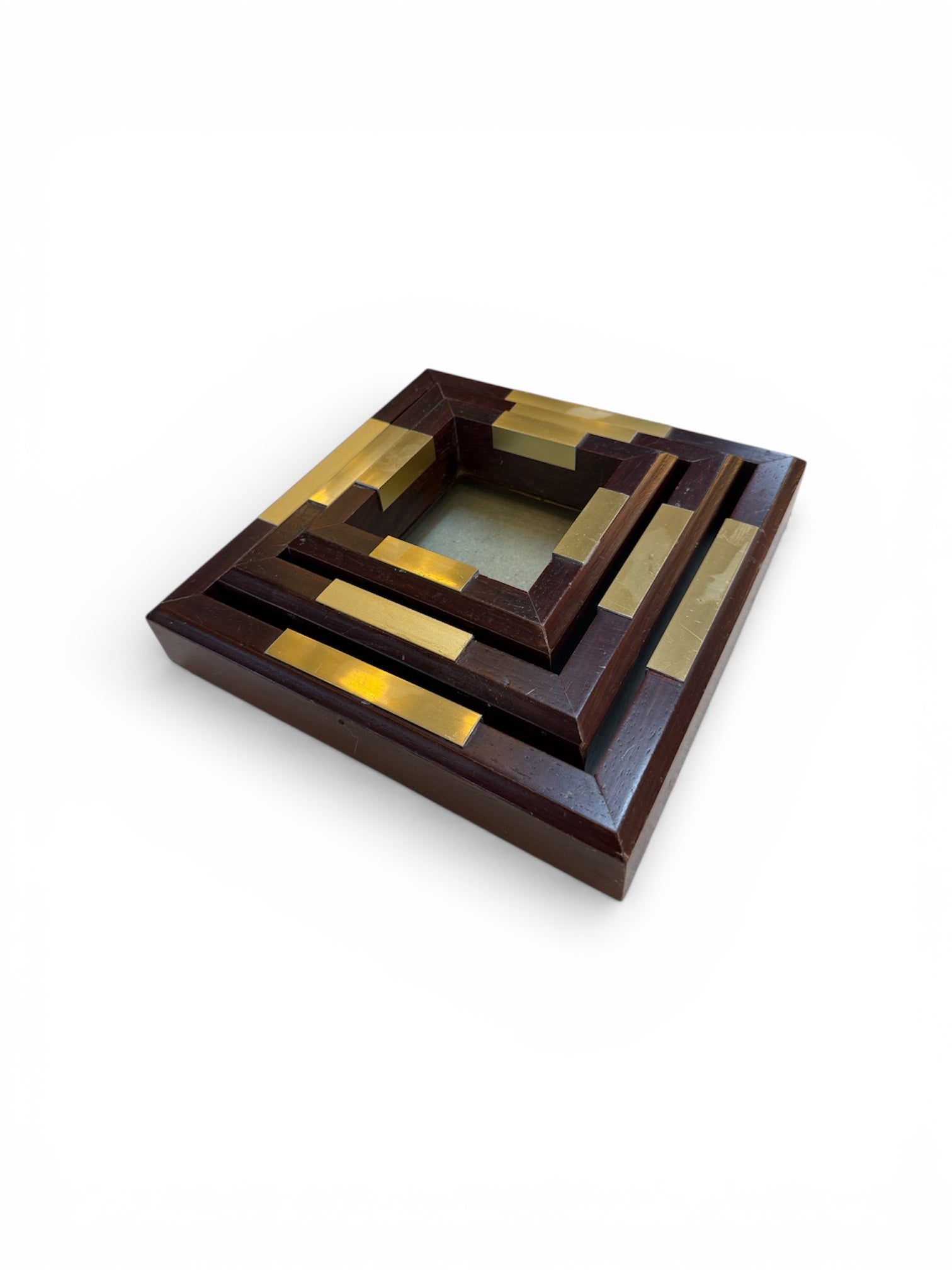 Set of Italian Wood and Brass Square Decorative Trays, 1970s