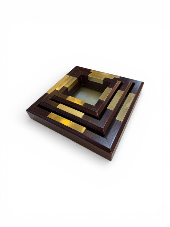 Set of Italian Wood and Brass Square Decorative Trays, 1970s