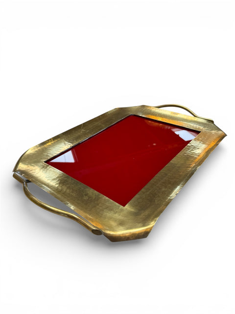 Italian Hammered Brass and Red Lacquer Serving Tray, Mid-Century